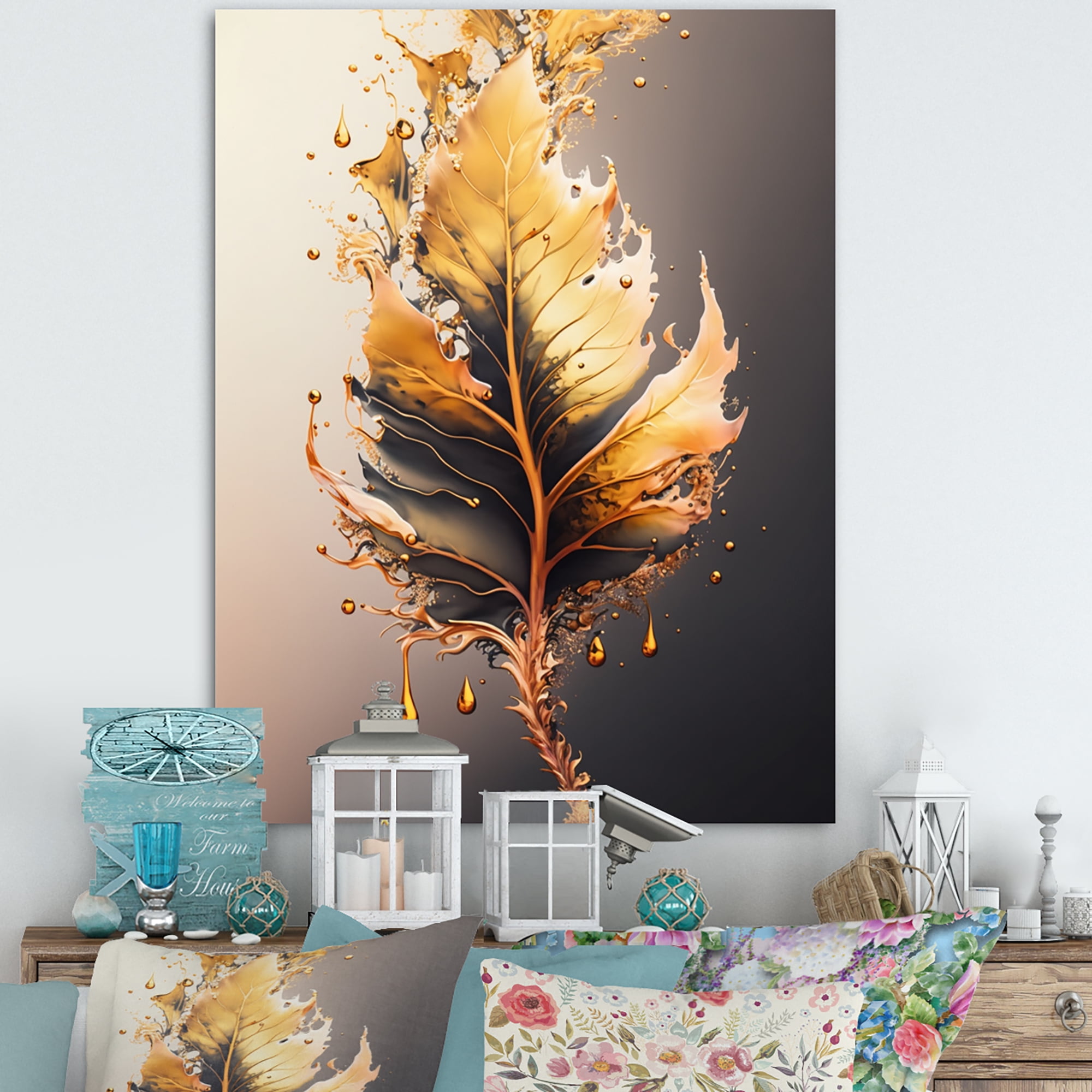 Designart Gold Abstract Leaves II Canvas Wall Art