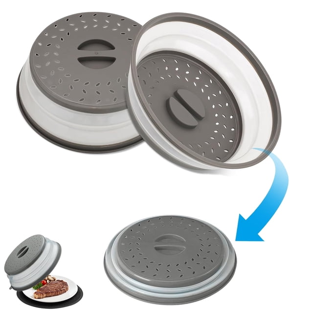 BTideas Cubierta para Salpicaduras de Microondas para Alimentos, Tapa de Microondas de Goma Plegable y Ventilada con Asa, Gris