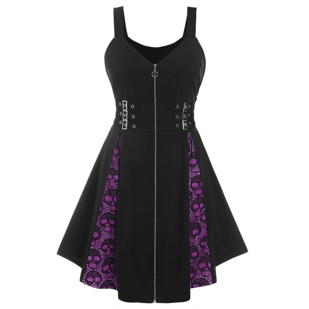 Mini vestido con cremallera y camisola sin mangas con retazos de malla de encaje de Halloween para mujer de talla grande Fridja hj2651