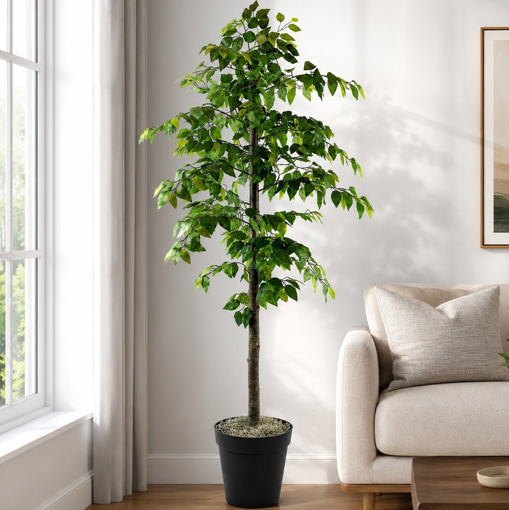 Artificial Tree, 6ft Faux Designer Ficus Tree in Black Nursery Pot by LCG Florals, Indoor Tree for Living Room, Office, and Home Décor