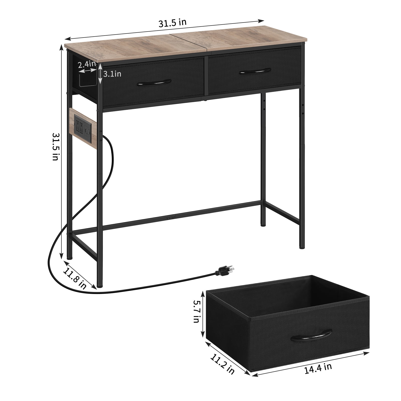 Industrial Console Table with Charging Station, 31.5 Inch Narrow Entryway Table with 2 Fabric Drawers, Side Hook & Adjustable Feet Gray