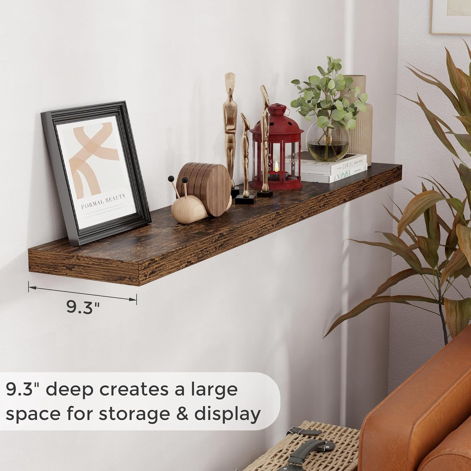 55 Inch Brown Floating Shelves, 9.3 Inch Deep Wall Mounted Floating Shelf, 55 x 9.3 Large Storage Wall Shelf for Living Room, Floating TV Stand, Farmhouse Rustic 55" Long Fireplace Mantel