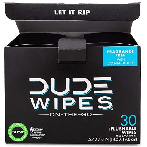DUDE Wipes Flushable Wipes, Unscented with Vitamin-E & Aloe, 100% Biodegradable, Singles for Travel (2 Packs of 30 Individually Wrapped Wipes) "