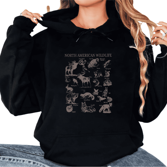 Women's Crew Neck Printed Cotton Hoodie North American Wildlife Guide Casual Retro Hooded Long-Sleeved Black S-2XL