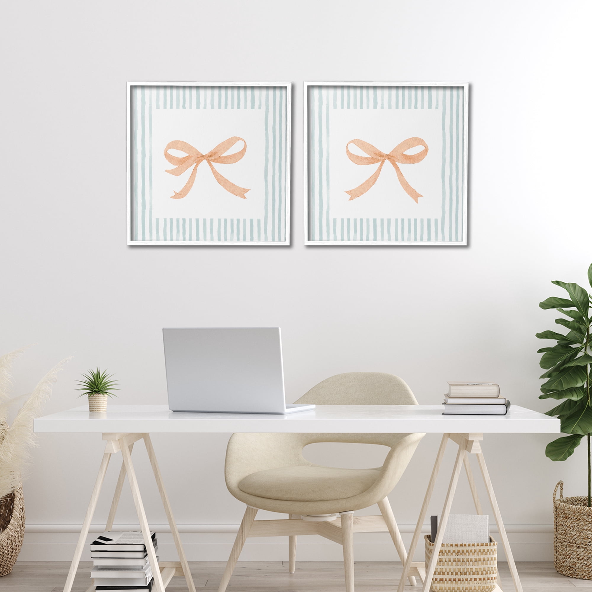 Stupell Industries Orange Bows and Blue Stripes 2 Piece White Framed Giclee Art Set, design by Patricia Pinto