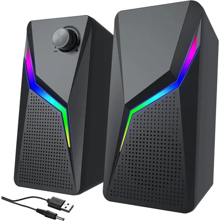 High Performance Computer Speakers, PC Speakers for Desktop with 6 Lighting Modes, PC Gaming Accessories, Stereo Sound Desktop Computer Speakers with 2 Bass-Boost Ports, USB Powered 3.5mm AUX Cable