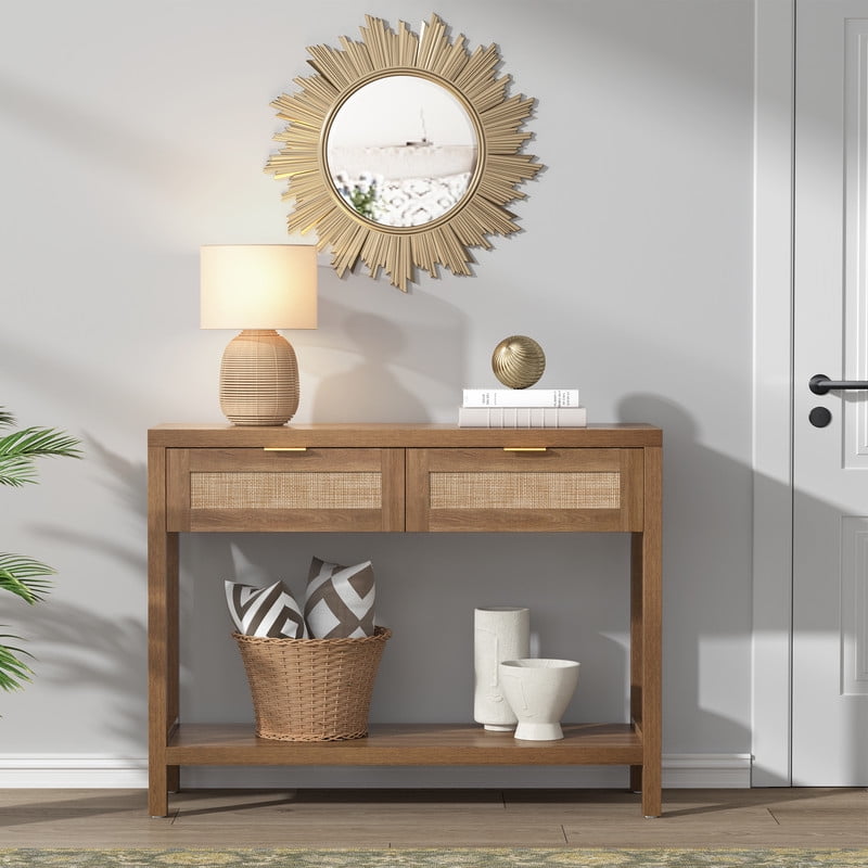 Surmoby Rattan Console Table with 2 Drawers,Boho Wood Entryway Table Hallway Table with Open Storage Shelf,Narrow Sofa Table for Foyer,Living Room and Corridor(Oak,2PCS)