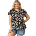 thumbnail image 4 of Unique Bargains Juniors' Plus Size Short Sleeve Floral Tiered Button Peplum Blouse 4X Black, 4 of 7