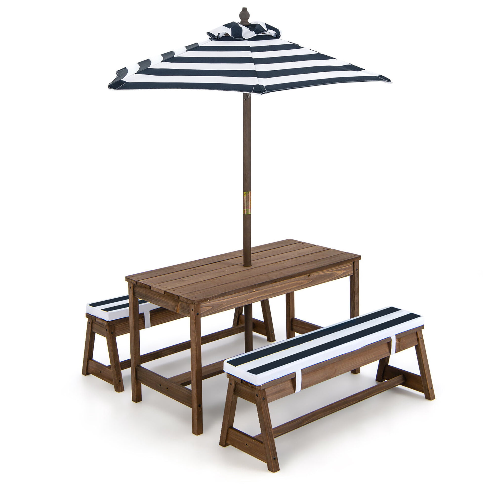 Gymax Kids Wood Picnic Table and Bench Set w/ Cushions Umbrella for Indoor Outdoor Blue