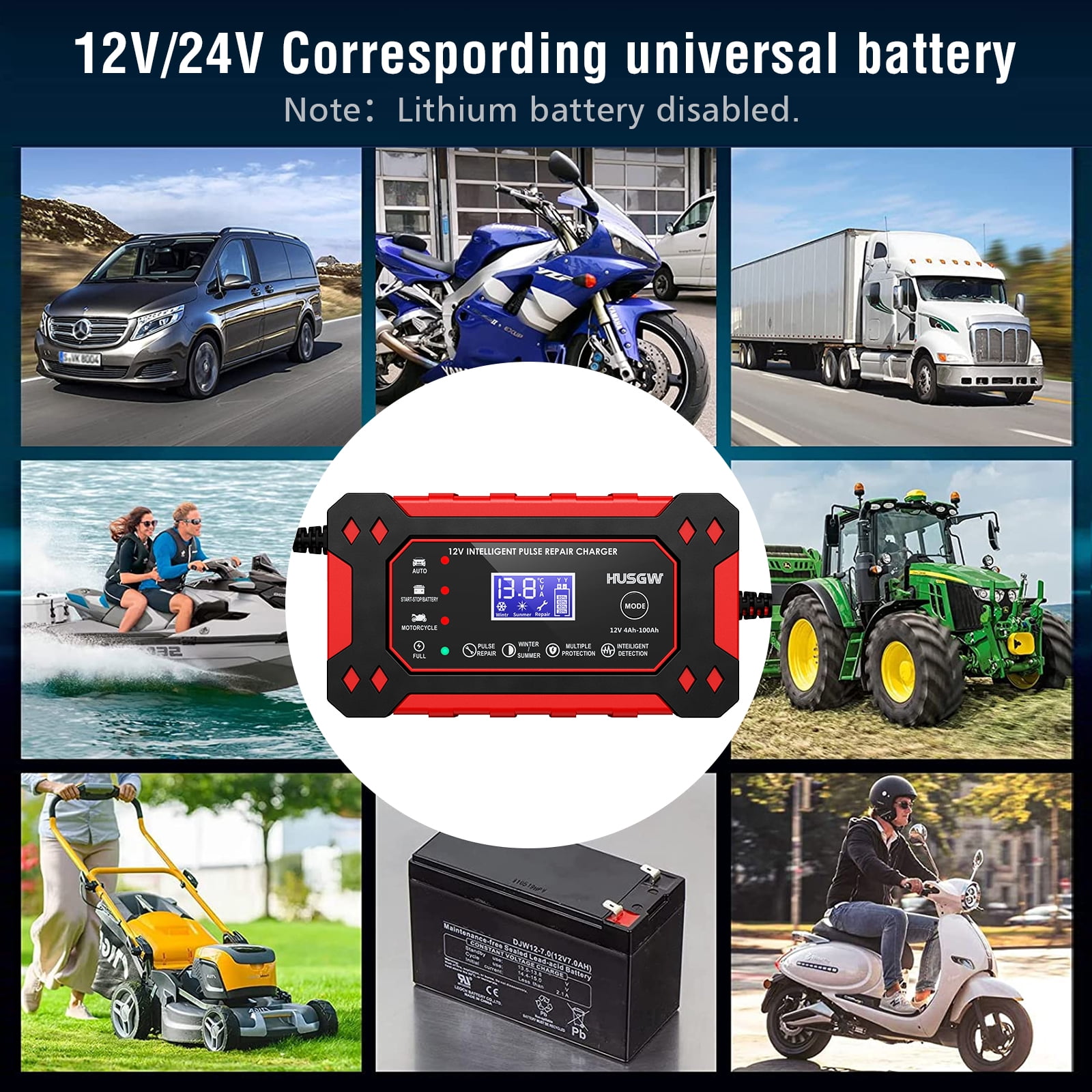 HUSGW 12V6A Car And Motorcycle Battery Charger Lead-Acid Battery Smart Charger Battery Repair Activation Charger