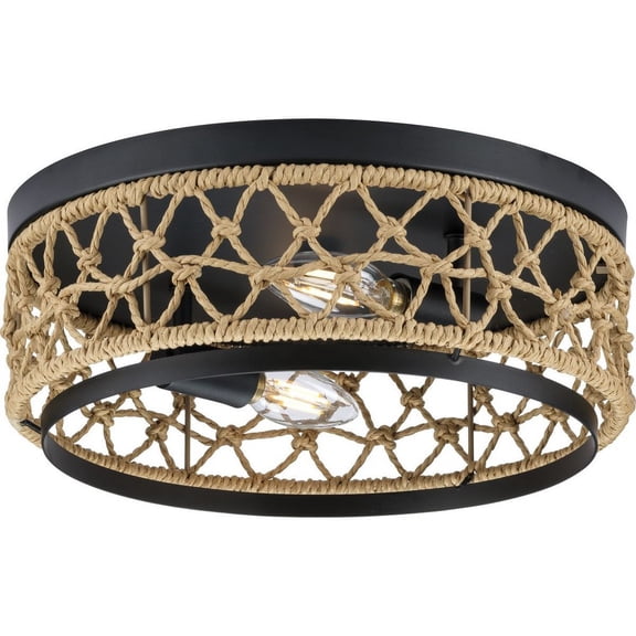Progress Lighting Chandra 2-Light Flush Mount, Matte Black, Handwoven Geometrical Shade