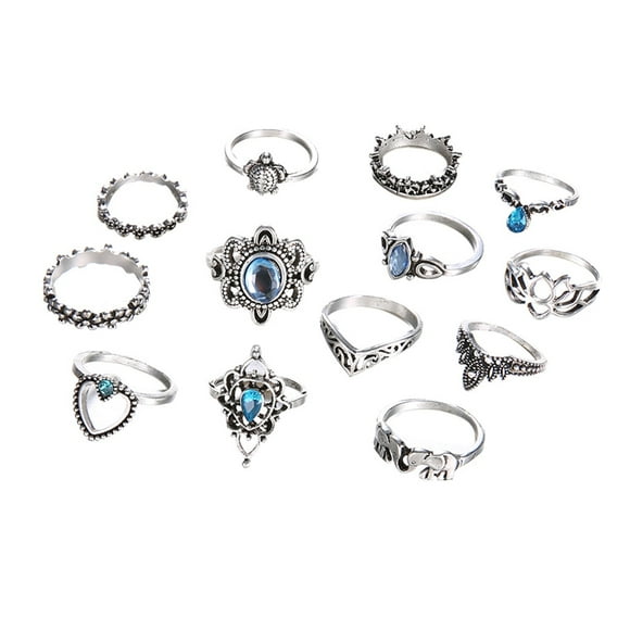 Silver Rings Silver Jewelry Set Fashion Trend Metal Retro Silver 13 Piece Set Blue Zircon Joint Ring Jewelry