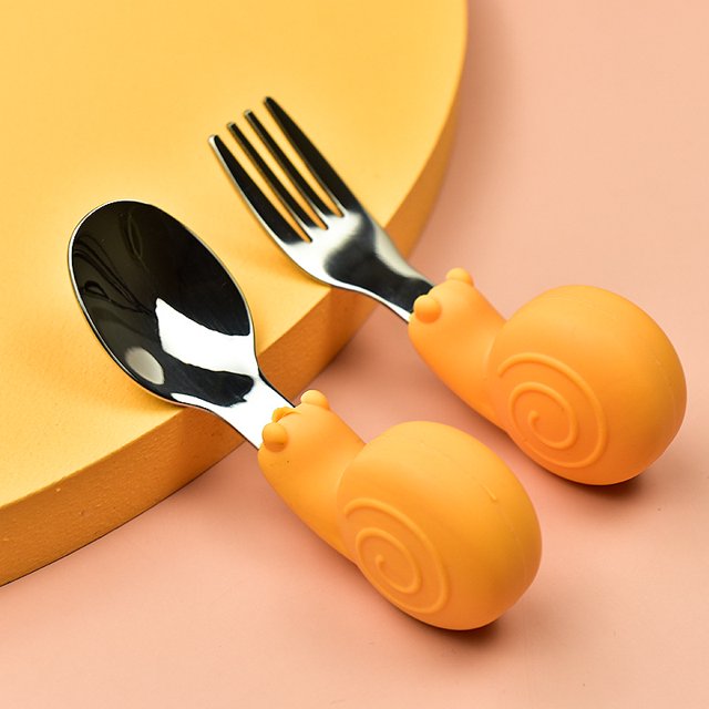 Tenedor cuchara de entrenamiento para aprender a comer para bebés hipopótamo, mango corto, vajilla de acero inoxidable, tenedor cuchara de silicona para alimentos complementarios para niños