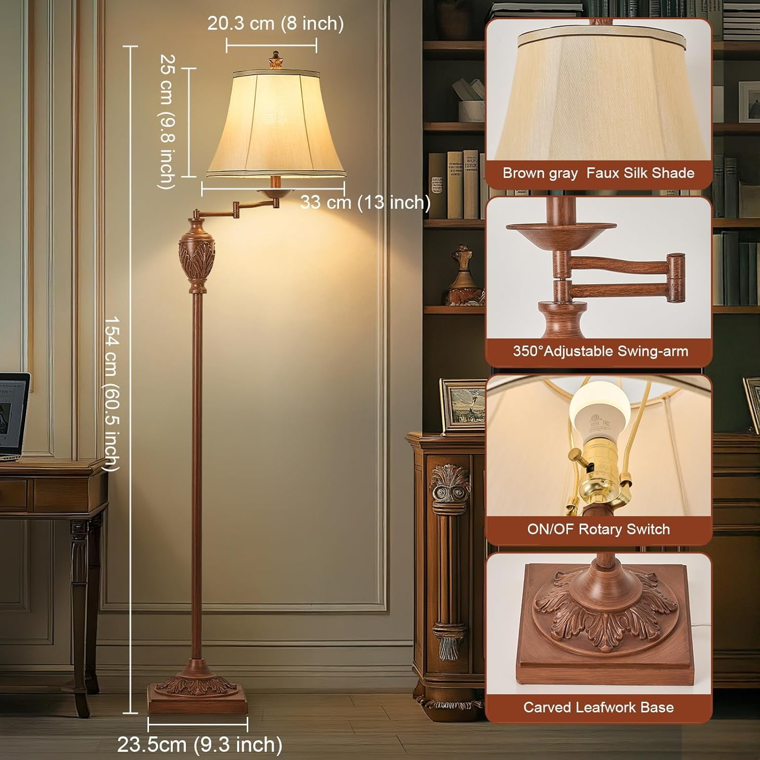 Traditional LED Floor Lamp with 350° Adjustable Swing Arm Lamp – Vintage  Standing Pole lamp for Living Room, Bedroom and Office – Rustic Upright  Floor Light for Home Décor with Faux Silk, image size:1500x1500