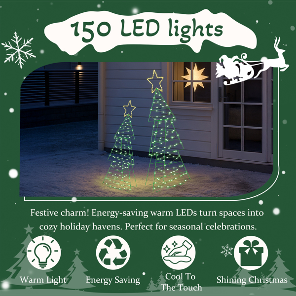 2-Pack Lighted Christmas Trees, 150 Warm White LEDs, Metal Wire Frame with Star Topper, for Indoor, Outdoor Porch, Garden Decor