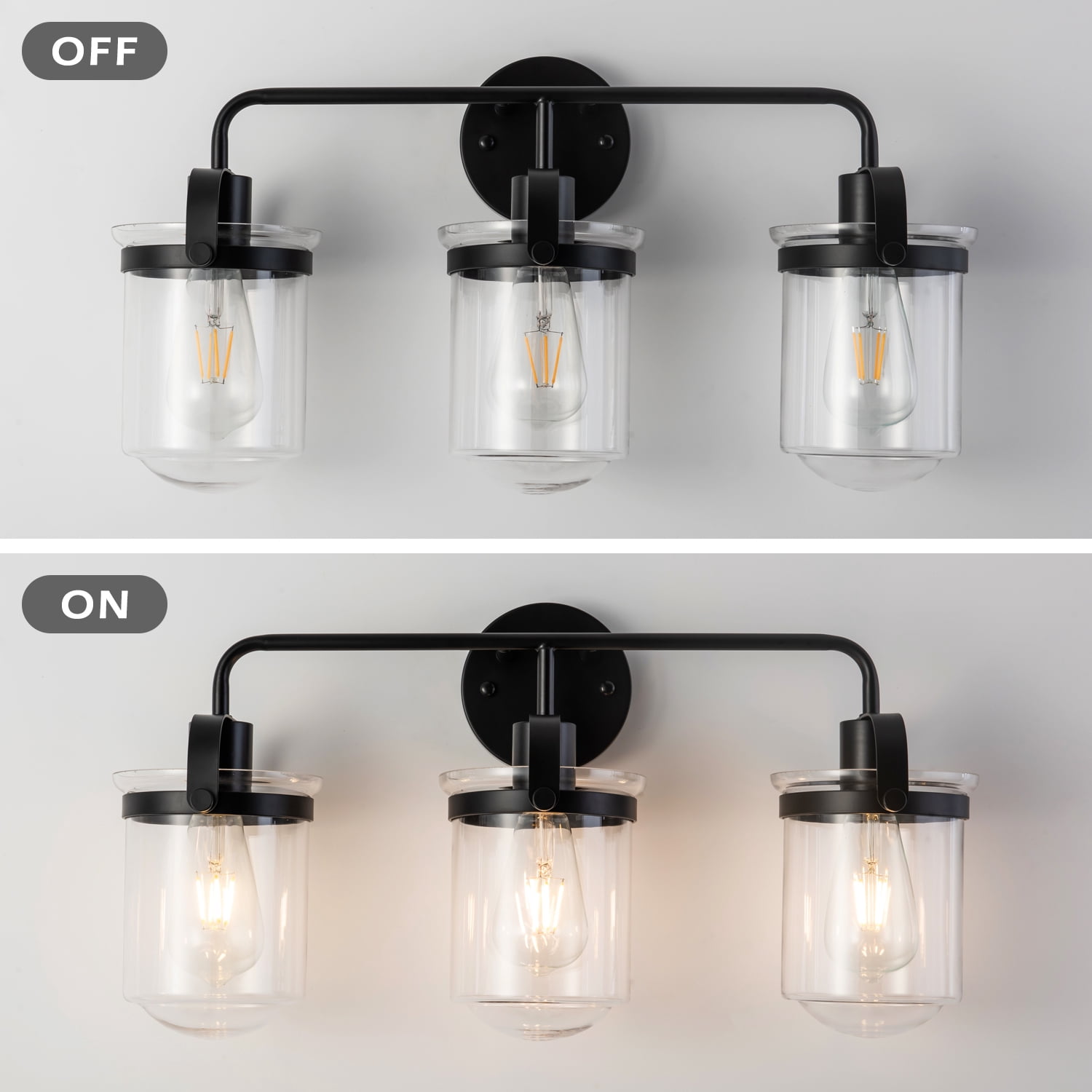 IVV Farmhouse Bathroom Vanity Light Fixtures Black with Clear Glass Shade 3 Light Industrial Wall Lighting Rustic Sconces Wall Mount Lamp for Living Room Hallway (Bulbs Not Included)