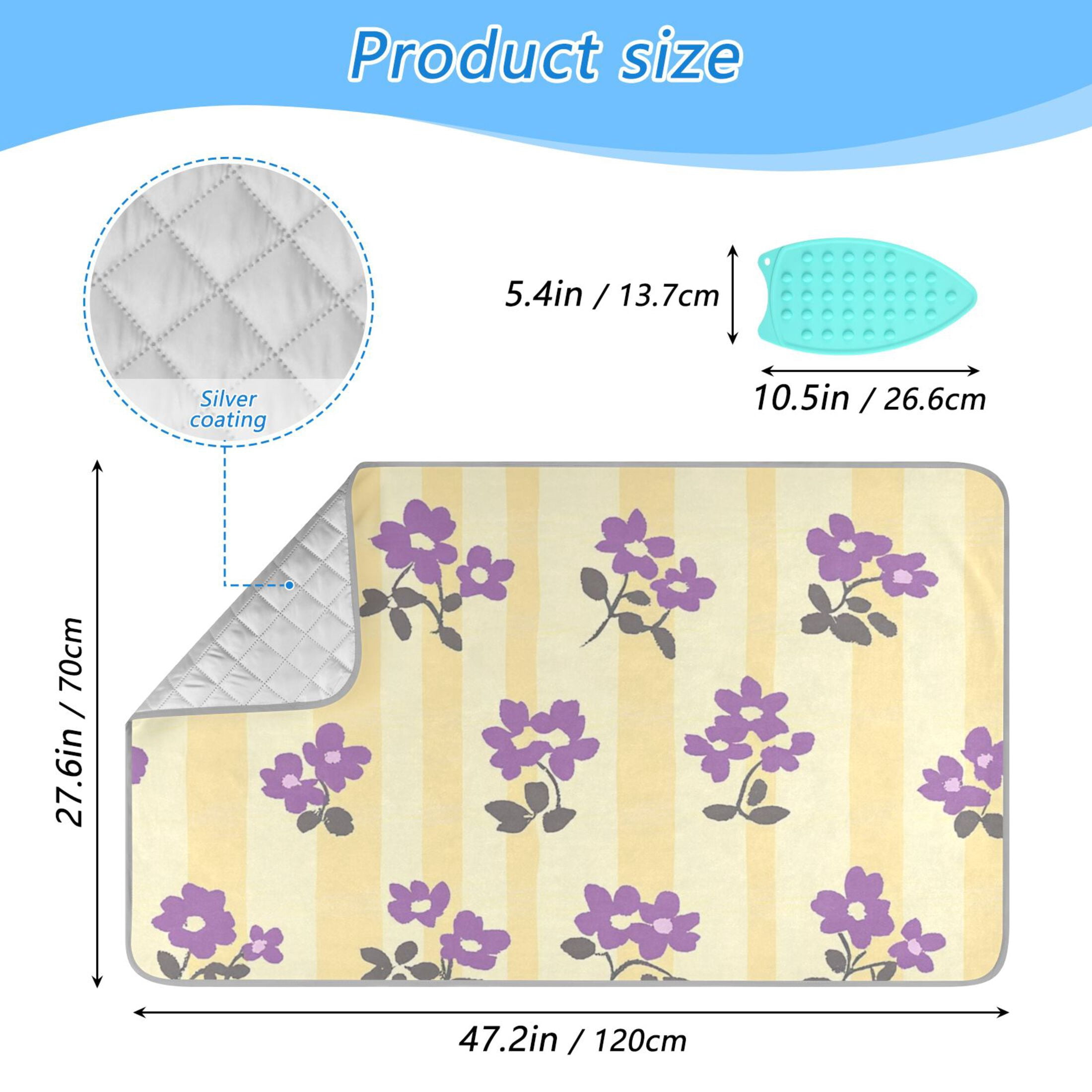 Yellow Stripes Purple Flowers Leaves Ironing Mat Blanket Portable Travel Ironing Pad Heat Resistant Pad 47.2" x 27.6”