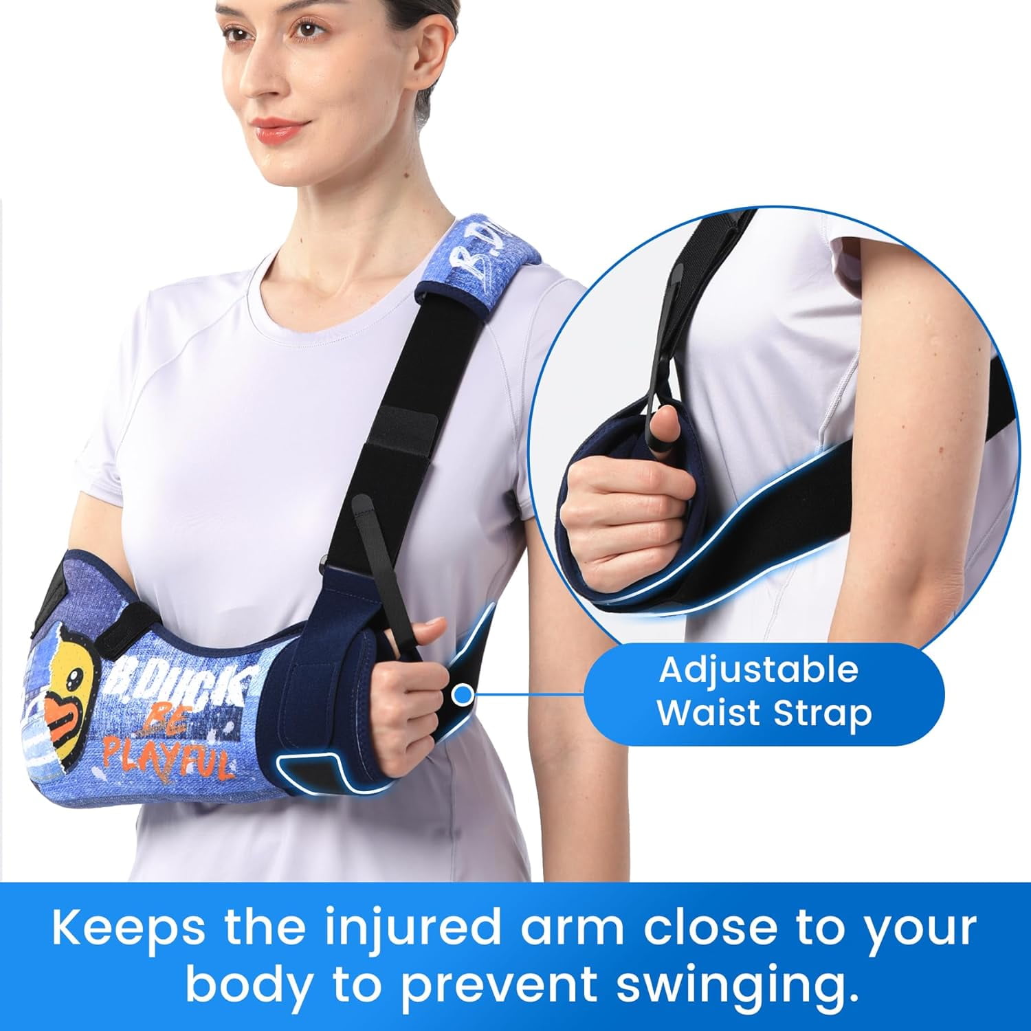 Velpeau Arm Sling with Waist Strap -Sponge Filled Holder Support Brace for Shoulder, Rotator Cuff, Elbow, Hand injury (Comfort-Duck Print, Left, L)