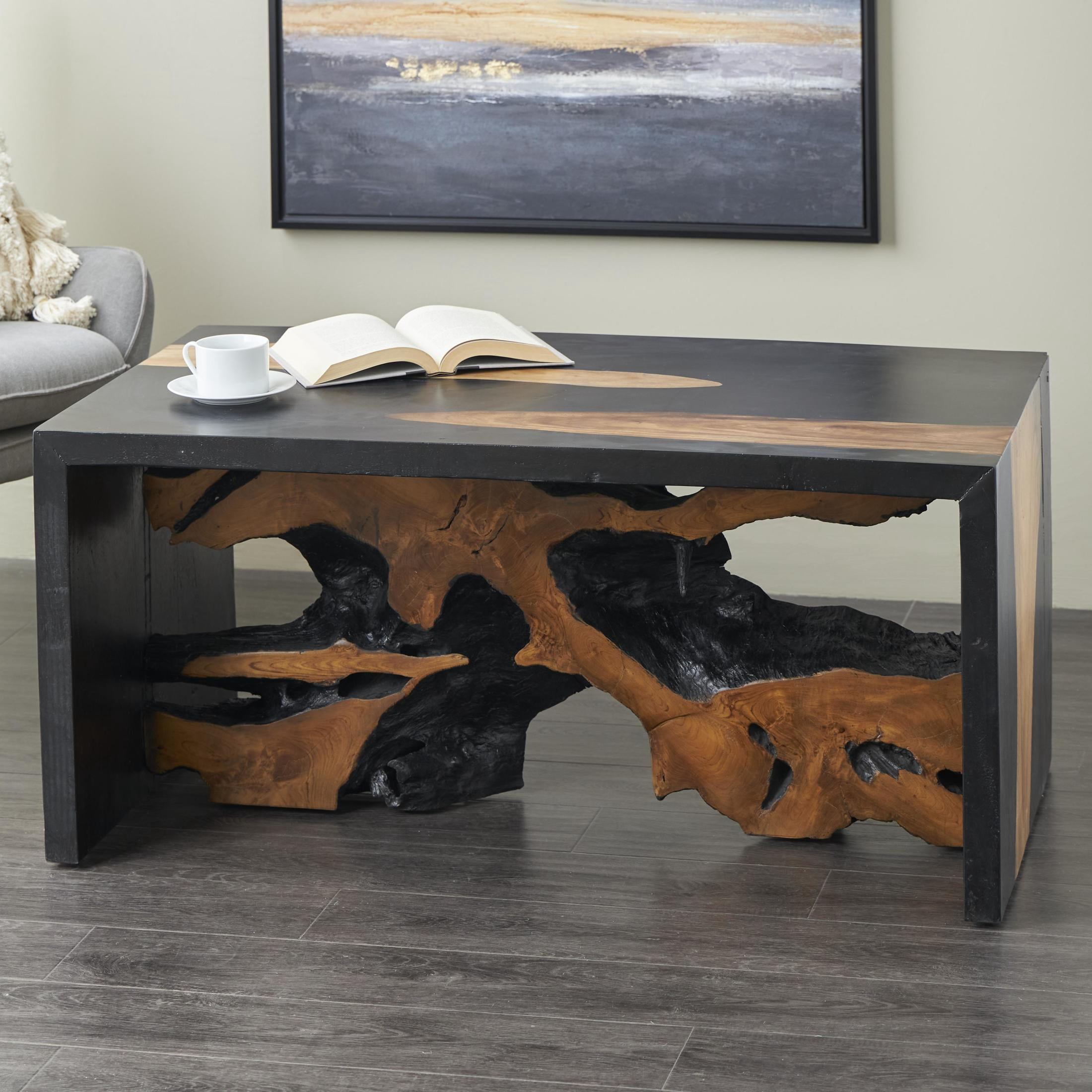 DecMode 43" x 20" Black Wood Handmade Block Coffee Table with Brown Live Edge Wood Interior, 1-Piece