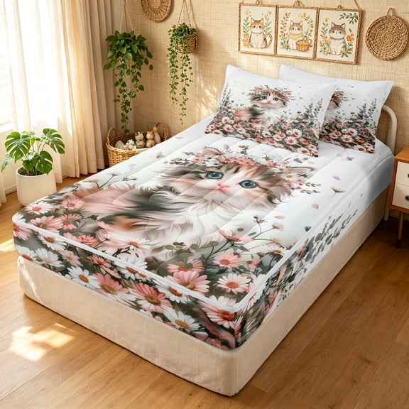 Manfei Cute Cat Zipper Twin Comforter Sets with Fitted Sheet and 2 Pillowcases, Cartoon Kitten Animal Zipper Bedding Set, Pink White, Pink Reversible, 4-Piece