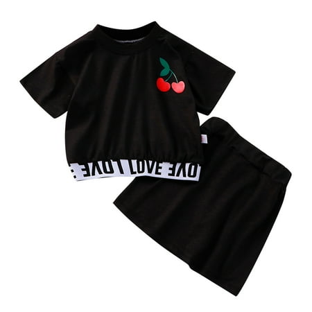 

Youmylove Toddler Kids Girls Clothes Short Sleeve Fruit Print T-Shirt Tops Soild Skirt Casual 2Pcs Outfits Set Baby Cute Clothing