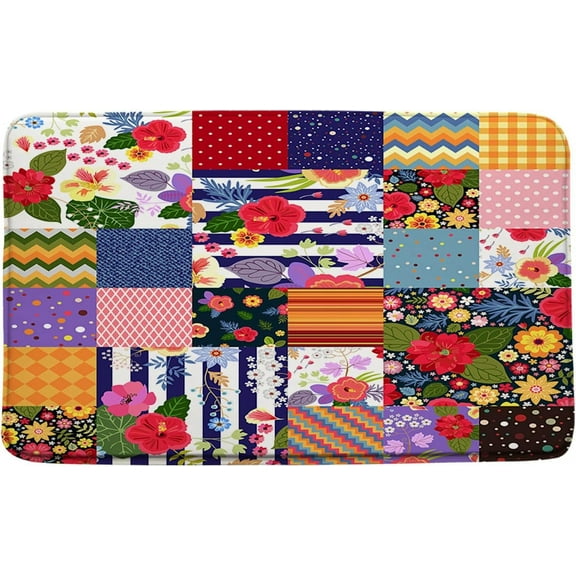 Boho Patchwork Bath Mat Floral Leaves Geometric Dot Checkered Diamond Striped Plaid Rustic Wildflower Bathroom Kitchen Rugs,16x48 Inch