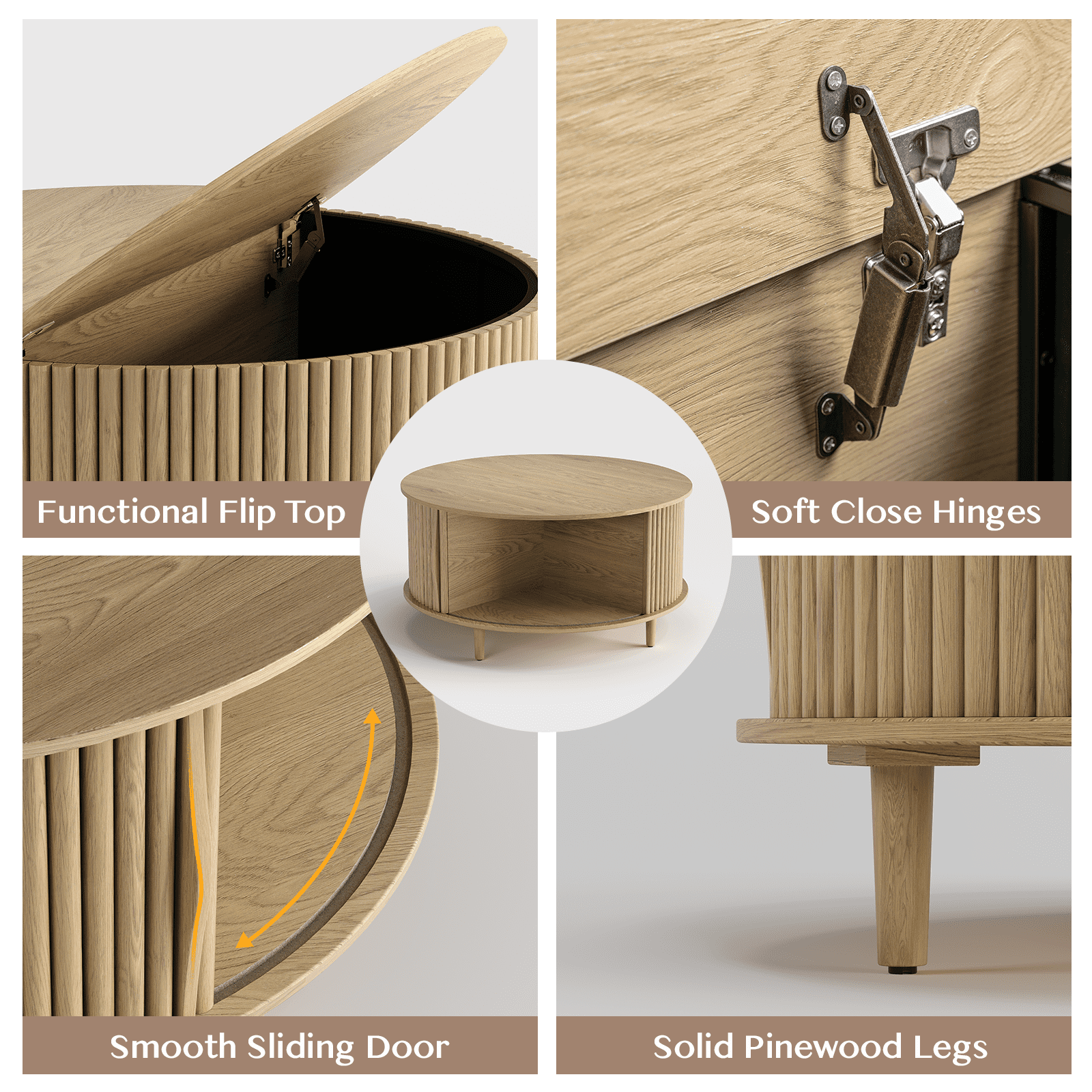 JOINICE Round Coffee Table with Storage and Flip Top,Circle Fluted Center Table,for Living Room,Oak