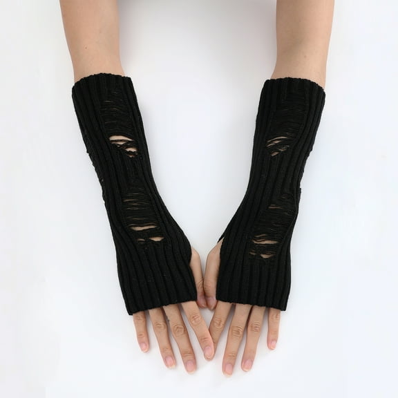 Mightlink 1 Pair Ripped Fingerless Knitted Gloves,Fall Winter Arm Sleeves Gloves for Cycling High Elasticity Non-slip Keep Warm Windproof