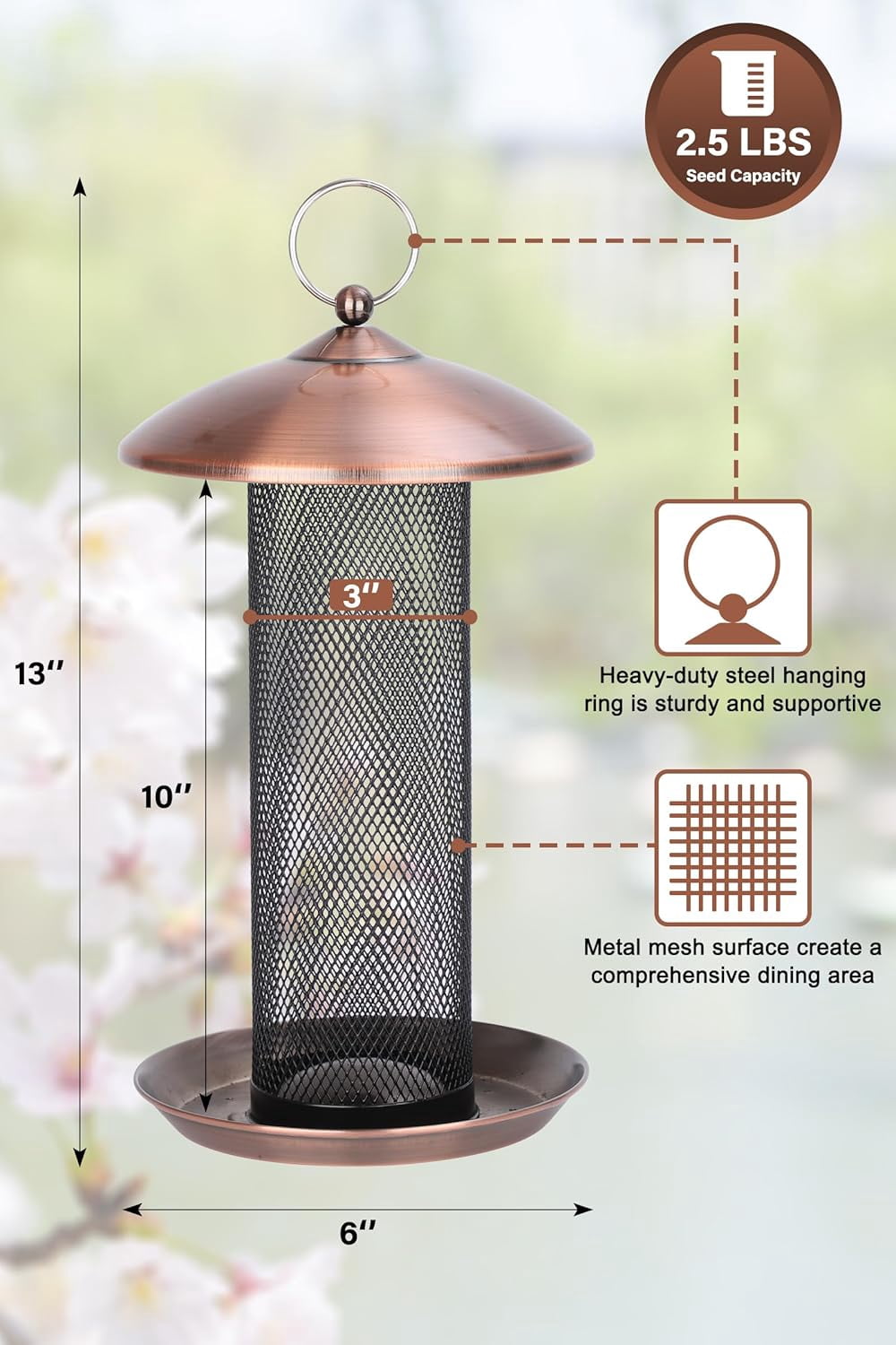 Finch Bird Feeders for Outdoors 2.5 LB Capacity Squirrel Proof Metal Mesh Tube Bird Feeders Thistle & Nyjer Seed Hanging Feeder, Copper, 1 Pack