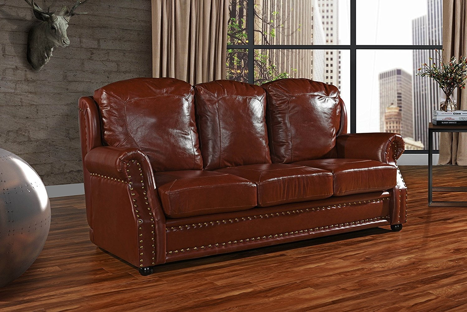 Leather Sofa 3 Seater Living Room Couch With Nailhead Trim Dark Brown