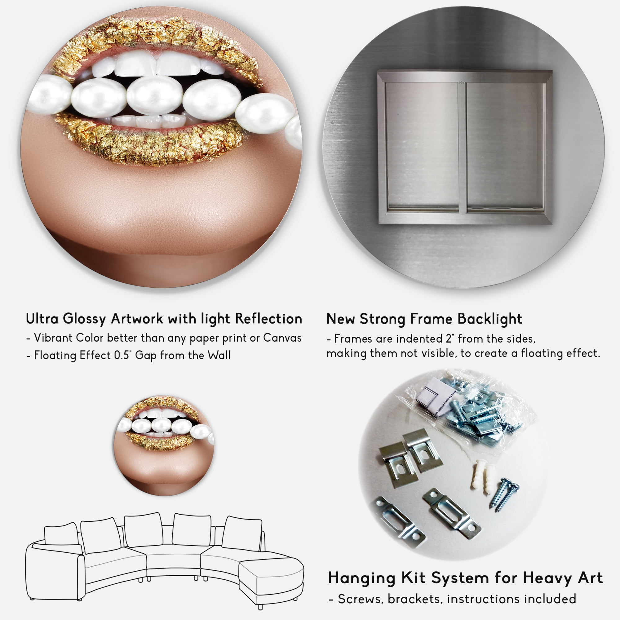 Designart 'Gold Leaf Lips Mouth With Pearls' Modern Circle Metal Wall Art 23x23 - Disc of 23