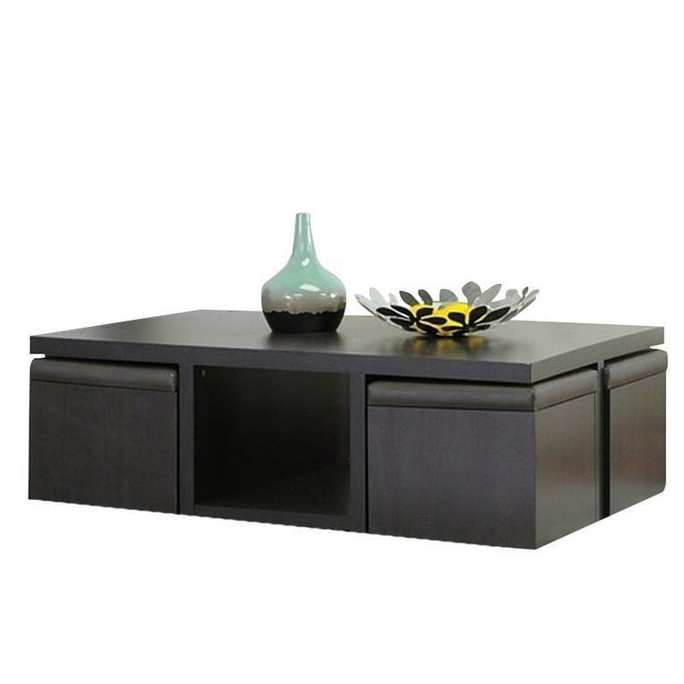 Prescott Table and Stool Set with Hidden Storage in Dark Brown