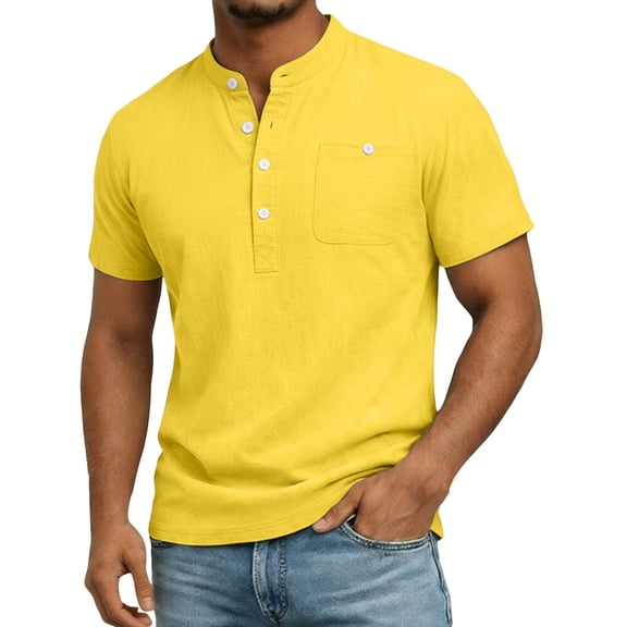 Timoontee Men's Solid Color Short Sleeve Stand-up Collar Button Pocket Casual T-Shirt Yellow XL
