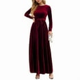 thumbnail image 3 of Women'S Elegant Velvet Belted Pleated Long Sleeve Party Formal Wedding Guest A-Line Maxi Long Dress Dark Red M, 3 of 9