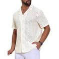 thumbnail image 5 of Men's Hollow Jacquard Shirt Camp Collar Short Sleeve Beach Texture Shirts M Beige, 5 of 6