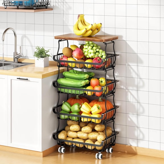 5 Tier Metal Storage Basket Cart, Rolling Kitchen Pantry Organizer
