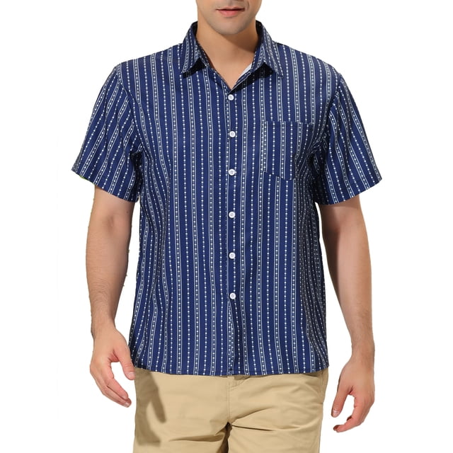 Lars Amadeus Men's Short Sleeve Button Down Stripes Color Block Printed Shirts M Blue White