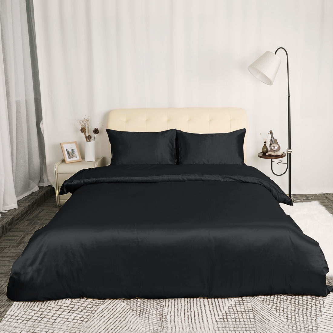 Satin Silk Comforter Duvet Cover Pillowcases Bedding Set Black Queen image