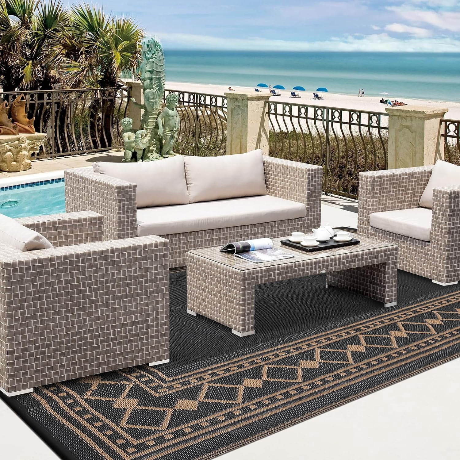 Funslane 9' x 18' Waterproof Outdoor Rug, Reversible Plastic Straw Patio Mat, Easy to Clean & Portable, for Deck, RV, Camping & Balcony, Black/Brown