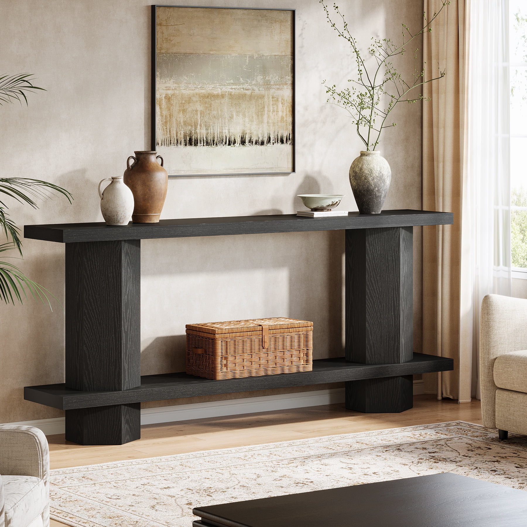 Finmind 71-Inch Long Wooden Console Table for Entryway,  Sofa Table Behind Couch for Living Room, Hallway, Foyer, Black