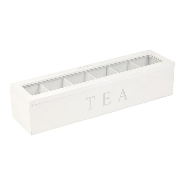 yuksok Rectangular Wooden Tea Box with Lid Stackable Tea Bag Holder Kitchen Organiser Cha Tea Box 6 Compartment Tea Bag Box for Creamers Sugar White