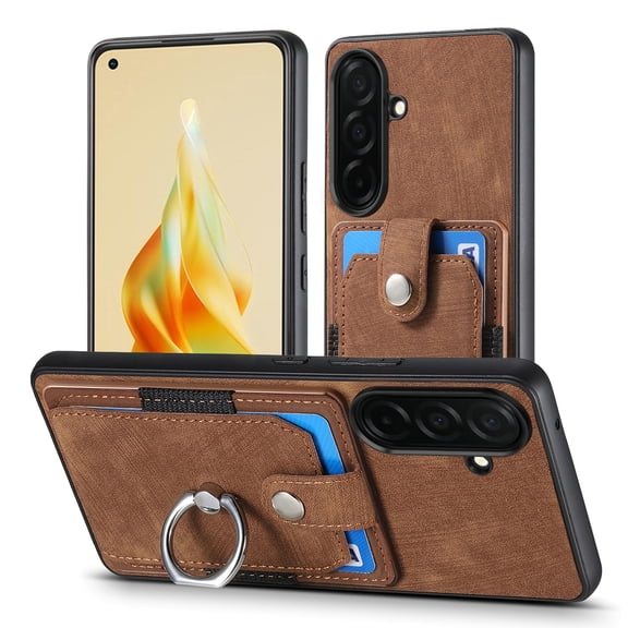 Feishell for Samsung Galaxy A57 Wallet Case with Elastic Card Holder,Premium PU Leather Shockproof TPU Bumper 360° Rotation Finger Ring Holder Kickstand Anti-Scratch Protective Case,Brown