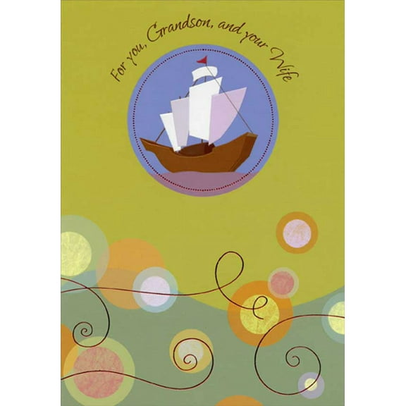 Designer Greetings Sailboat in Blue Circle on Green Thanksgiving Card for Grandson and Wife