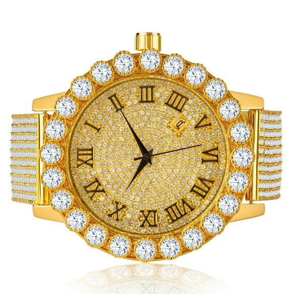 Roman Dial Solitaire Bezel Men's lab Diamond 18K Yellow Gold Finish Stainless Steel Back 10 Row Iced Out Band Custom Khronos Watch W/Date