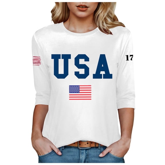 vigerkar 3/4 Sleeve USA Patriotic Shirts for Women 4th of July America Stars Stripes Flag Graphic Tops Summer BBQ Tee (White, L)