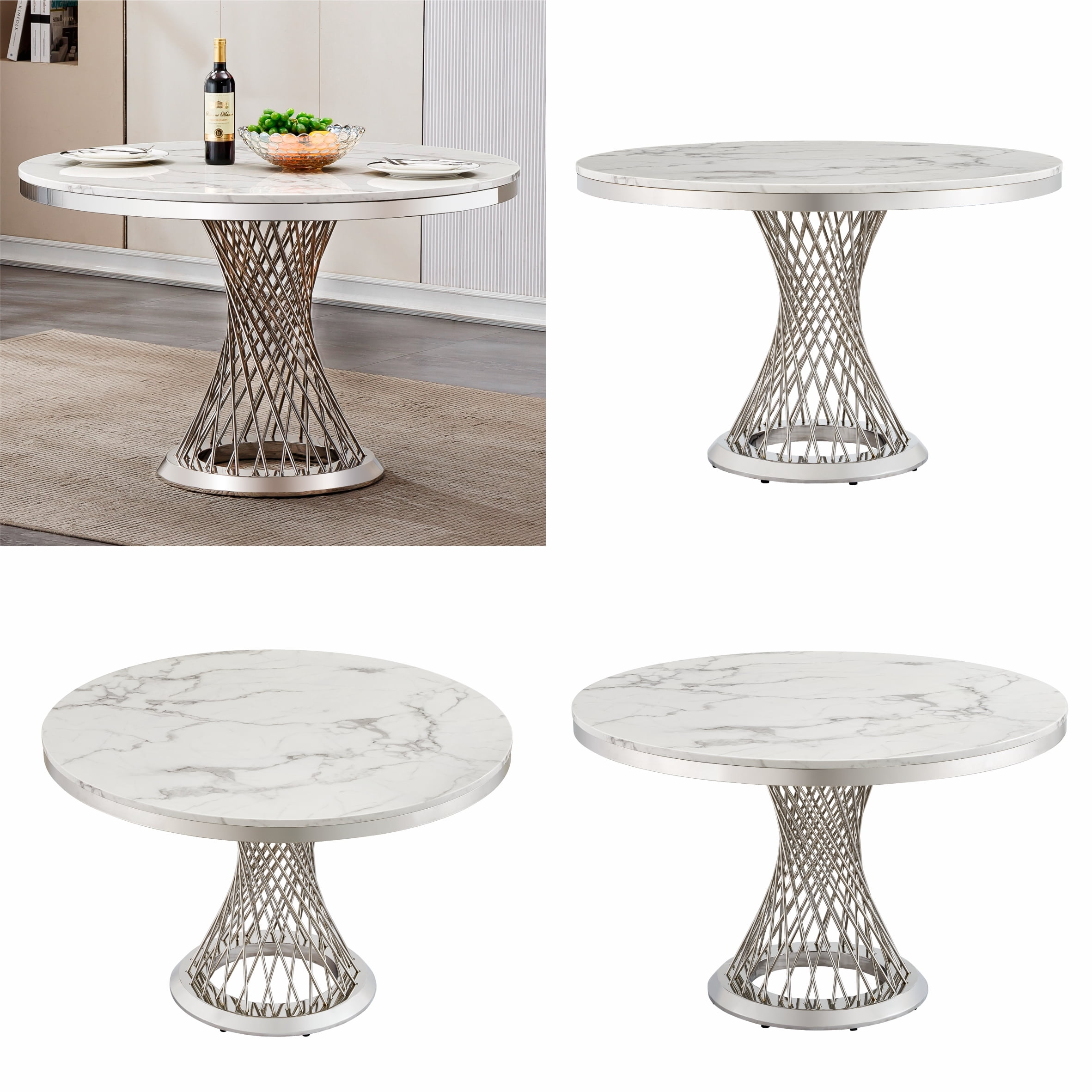 Shikeyi 47" Modern Round Faux Marble Dining Table for 4-6 People, Luxury Silver Stainless Steel Pedestal Base Dinner Table for Dining Room, White (Table Only)