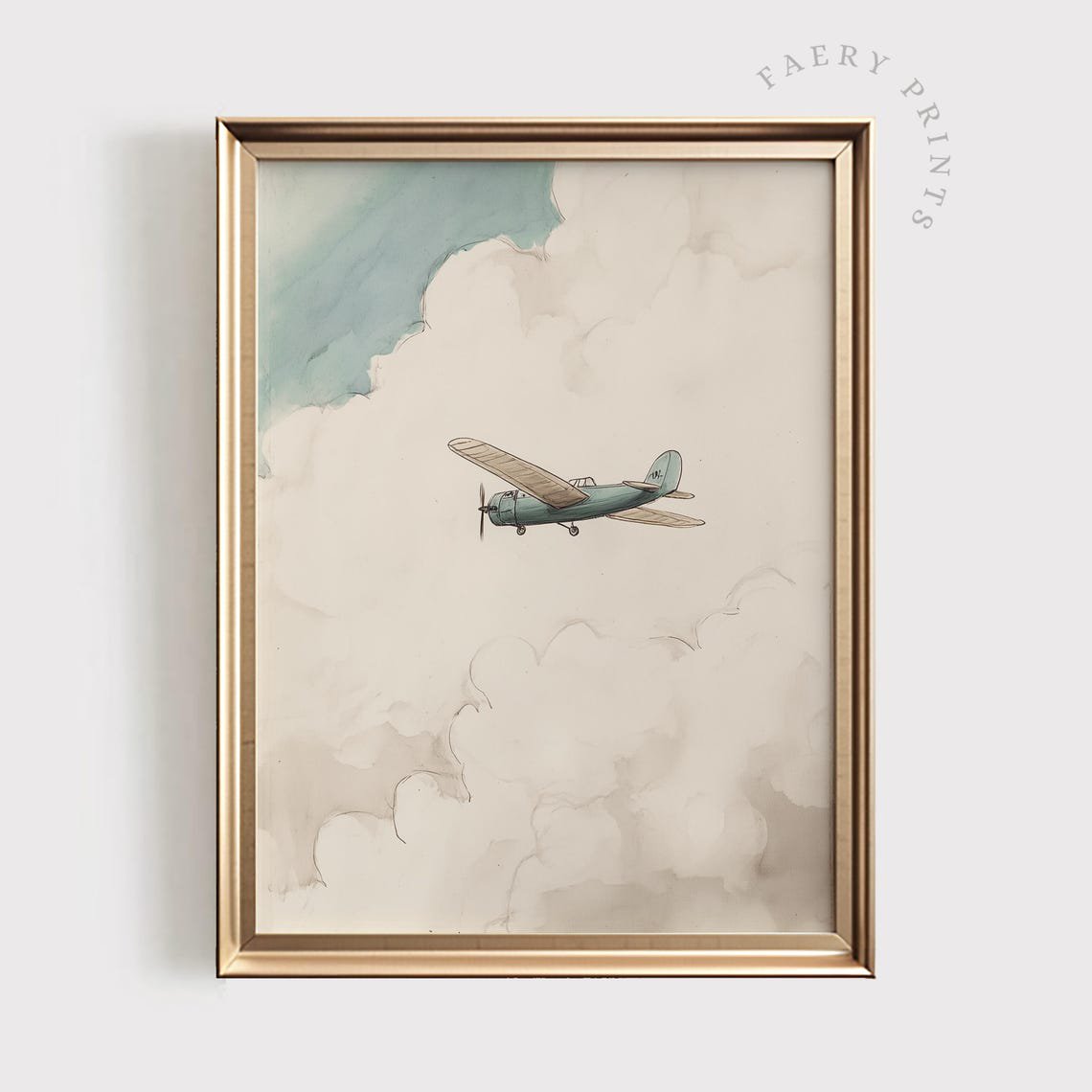 Vintage Airplane Nursery Art Watercolor Style Plane Illustration Cloudy Sky Wall Art Rustic Aviation Baby Boy Nursery Decor #1176 Wall Art Modern Wall Decor