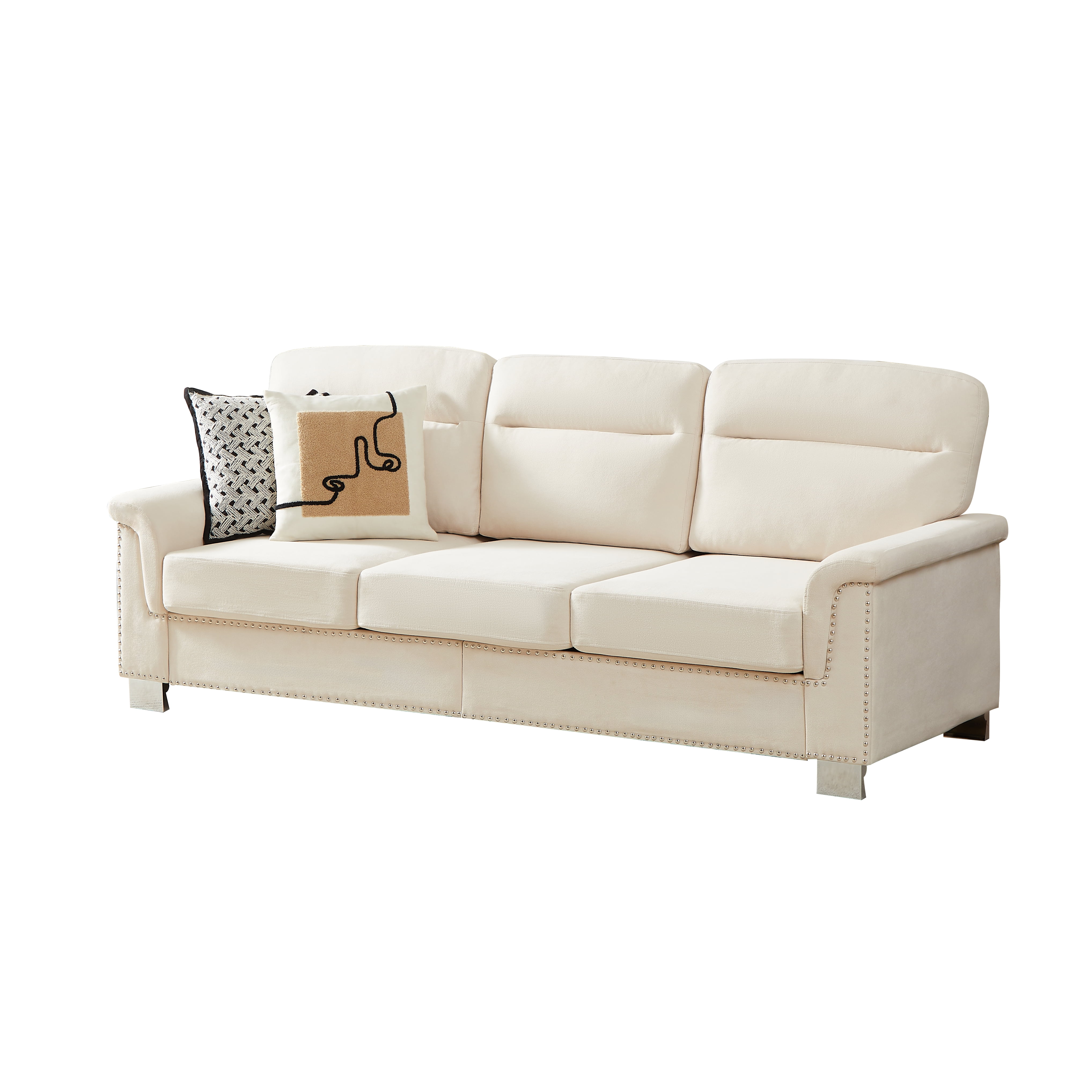 Sofa, 3 Seater Sofa, Couch, Compressed 82 Inch Modern Fabric Sofa with Snowfleece Upholstery and Curved Armrests for Living Room or Bedroom, Beige
