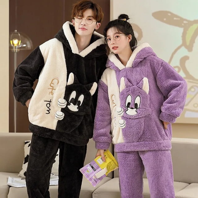 Conjunto de pijama de felpa de franela gruesa para hombre y mujer, ropa de dormir de manga larga, sudaderas con capucha de dibujos animados dulces, cálido, 7 estilos, Invierno