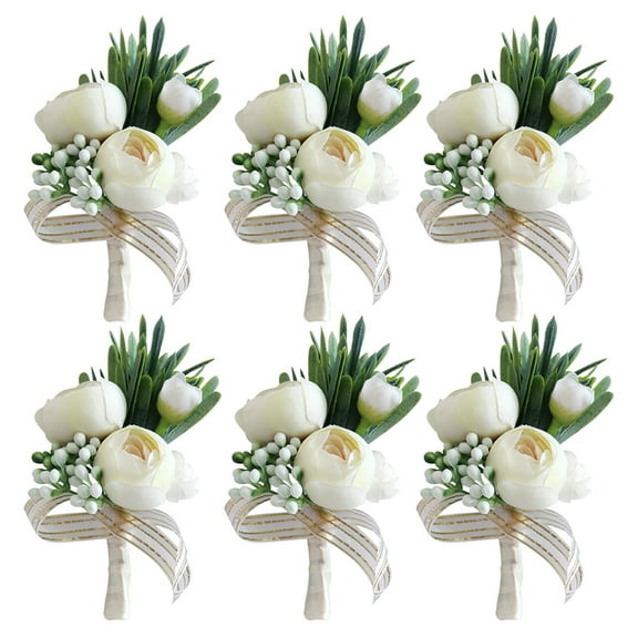 6-Pack Silk Camellia Bud Wedding Corsage Brooch - Elegant Floral Bridal Party Pins for Bride, Bridesmaids, Groomsmen and Wedding Decorations (White)
